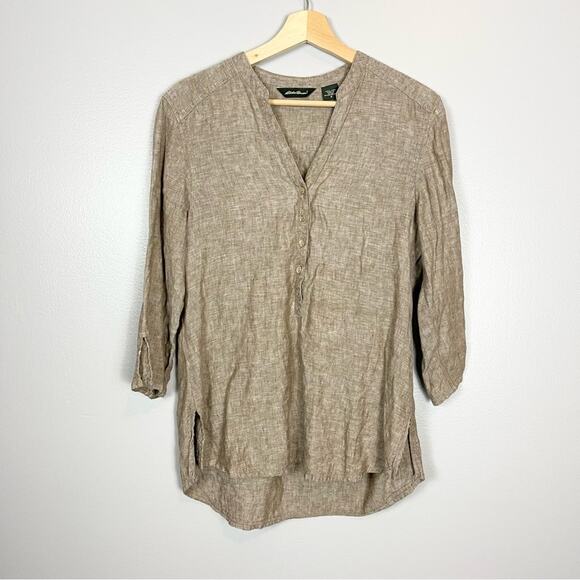Eddie Bauer linen tunic top v-neck top women’s size S brown toupe - Picture 1 of 5